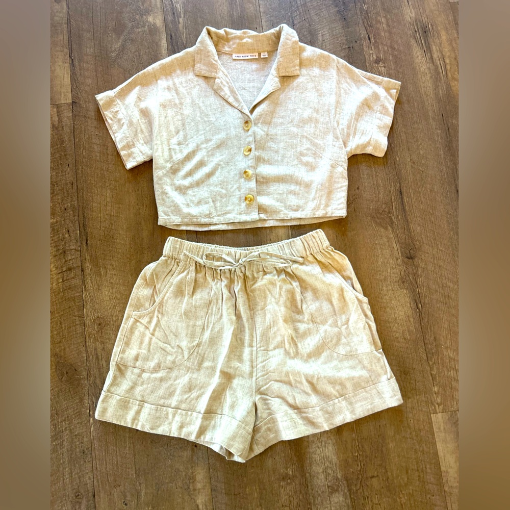 And Now This- Beige- M-Two-Piece Set-Cropped Button-Up Shirt +Shorts